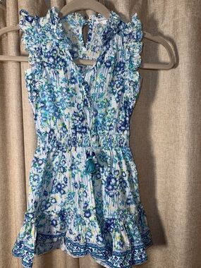 Poupette St. Barth Blue, White & Green Floral Ruffled Kids Dress
